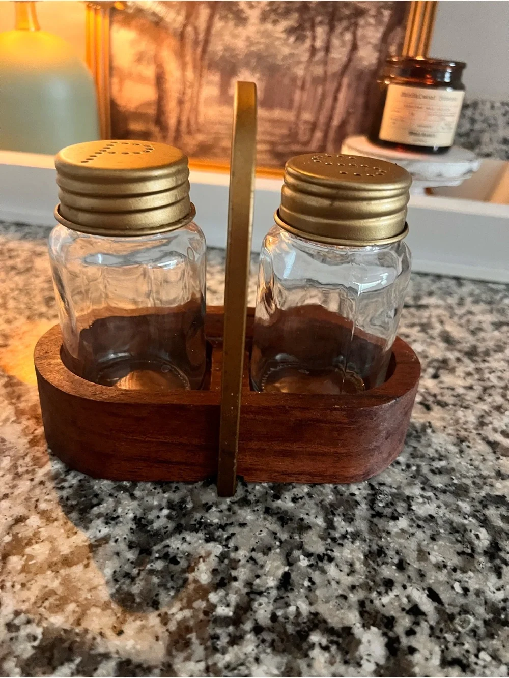 Farmhouse Style Wood and Glass Salt & Pepper Shaker Set with Gold Lids